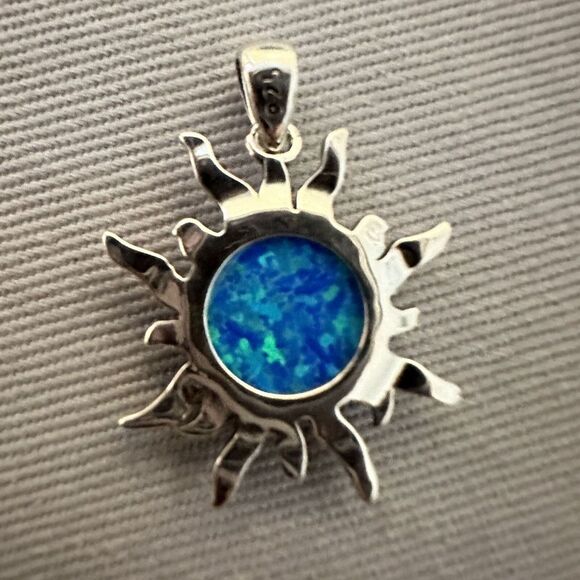 Sterling Silver Sun Pendant w/ Oxidized Finish and Blue Fire Opal 21mm Sunburst - Picture 4 of 6